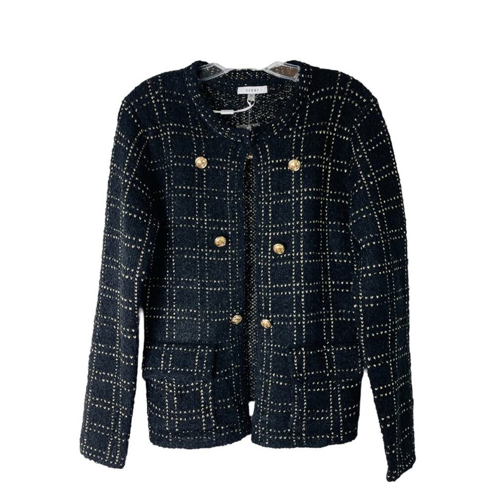 NWT Sioni black hood plaid preppy metallic knit stretchy sweater medium